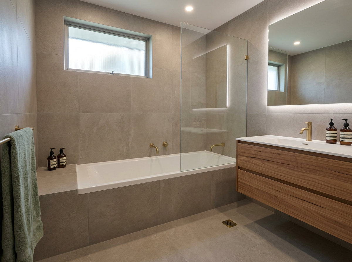 The same bathroom and unchanged high window after renovation with grey tiles and a floating timber vanity
