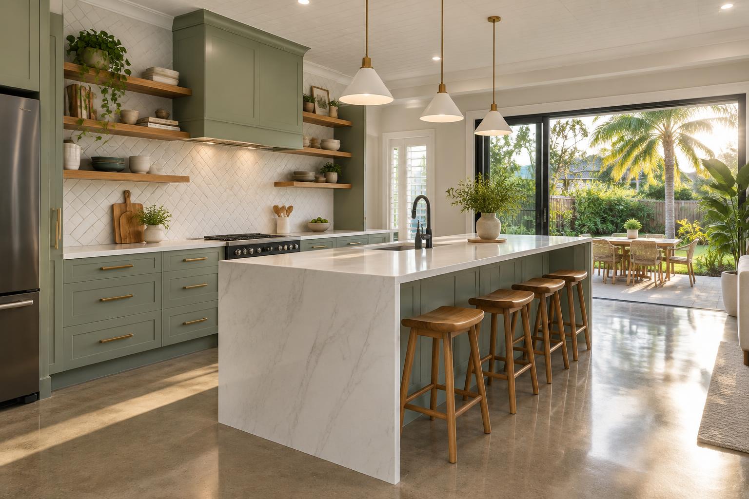 Renovated Brisbane kitchen with sage cabinetry, a stone island and doors opening to the backyard